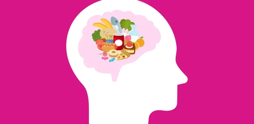 Illustration of a head in profile with a mix of healthy foods and sweets inside the brain
