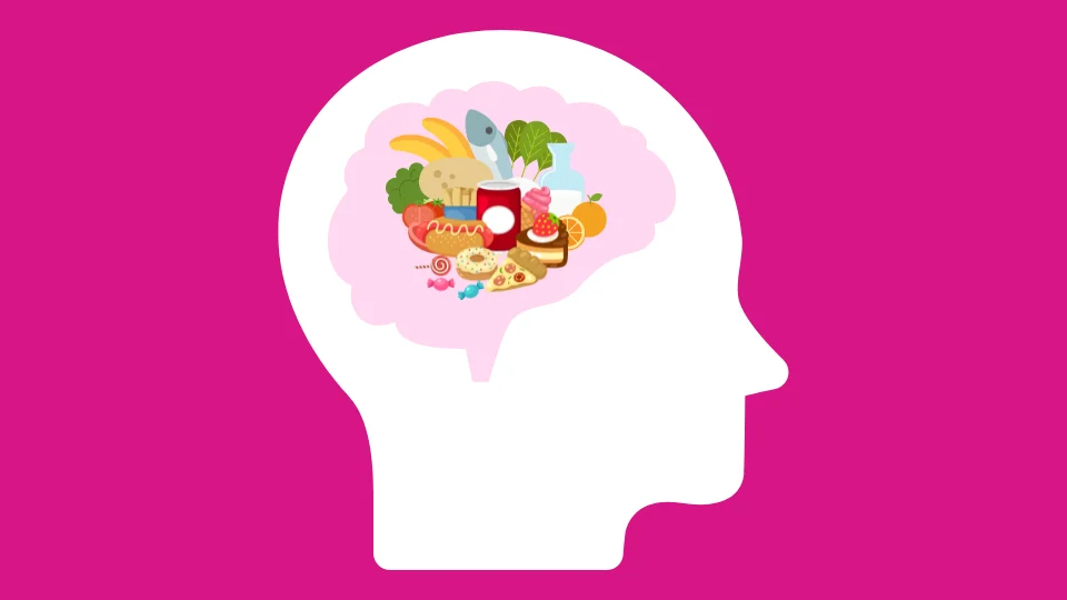 Illustration of a head in profile with a mix of healthy foods and sweets inside the brain