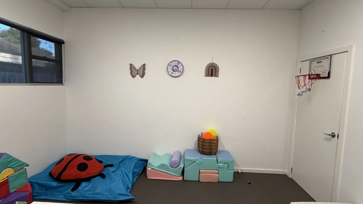 Paediatric room corner with a ladybug beanbag, soft play shapes and a mini basketball hoop at ORS Pakenham